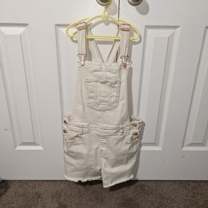 Girls cream jean cut off overalls
